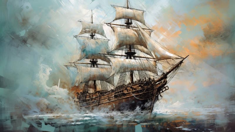 Old Ship In The Sea Vintage Stock: Dynamic Action Painting With Multilayered Realism
