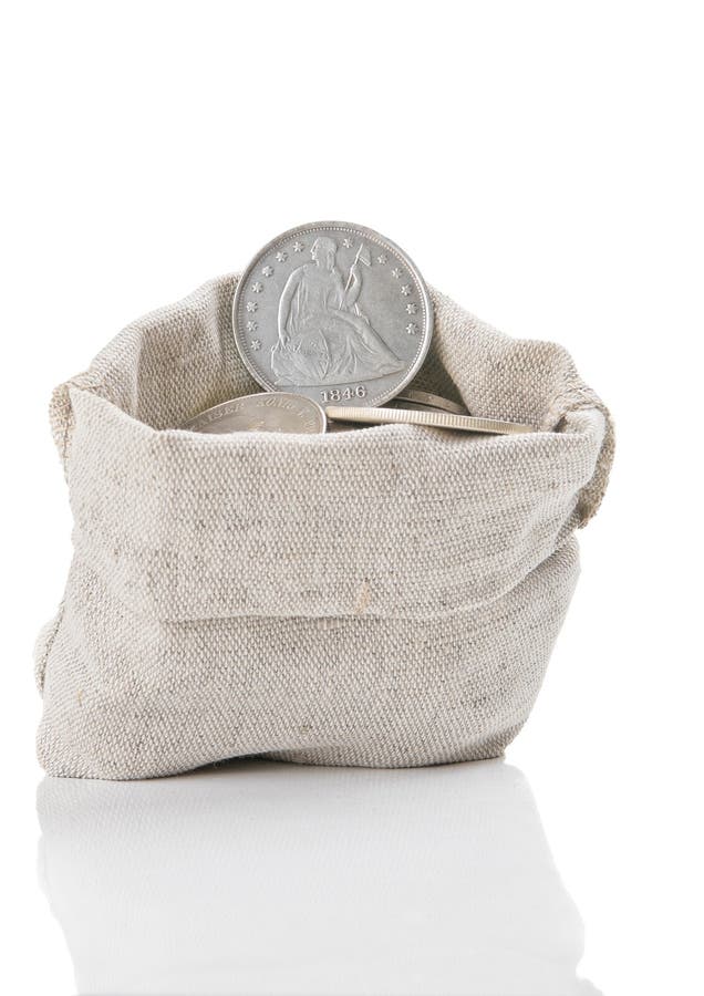 Old silver coins in bag stock photo. Image of silver 51392128