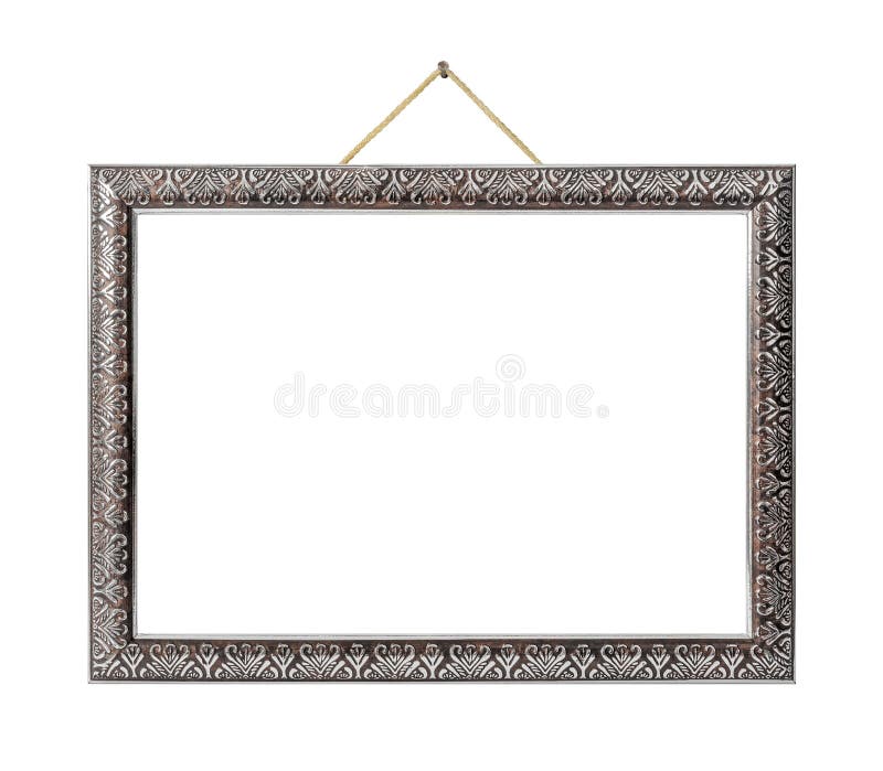 Old silver picture frame hanging on a rope