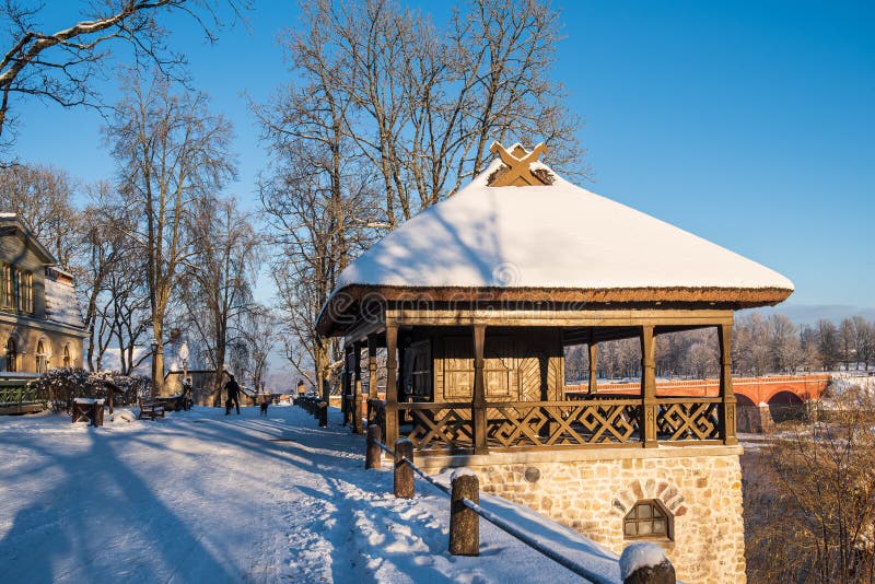 Old, small cafe in sunny winter day, Kuldiga, Latvia royalty free stock photos