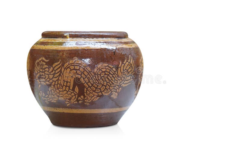 Old small ceramic jar on white background, object, decor, vintage, antique, ancient, old, copy space. Traditional big metal pot stock images, royalty-free photos and pictures