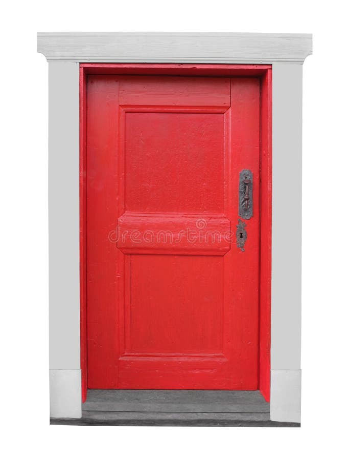 Old small wooden red door isolated.