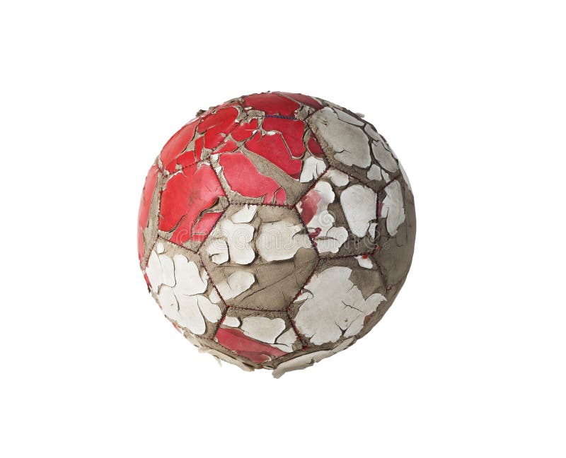 Old soccer ball with cracked skin isolated on a white background