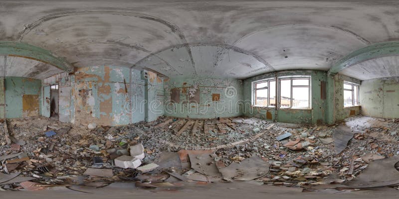 Old soviet architecture. 3D spherical panorama with 360 degree viewing angle Abandoned building in winter with snow in Pripyat For virtual reality in vr Full equirectangular projection. Scary background interior