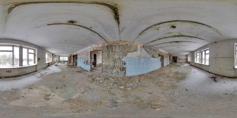 Old soviet architecture. 3D spherical panorama with 360 degree viewing angle Abandoned building in winter with snow in Pripyat For virtual reality in vr Full equirectangular projection. Scary background interior