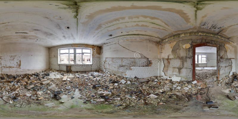 Old soviet architecture. 3D spherical panorama with 360 degree viewing angle Abandoned building in winter with snow in Pripyat For virtual reality in vr Full equirectangular projection. Scary background interior