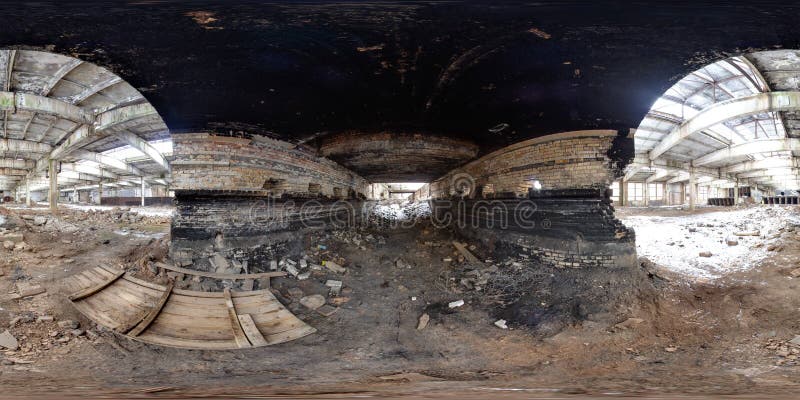 Old soviet architecture. 3D spherical panorama with 360 degree viewing angle Abandoned building in winter with snow in Pripyat For virtual reality in vr Full equirectangular projection. Scary background interior