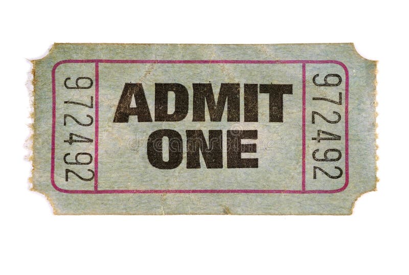 Old stained torn admit one ticket, white background