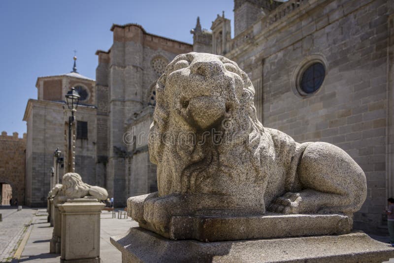 Old statue of a lion in Medieval European Town of Avila