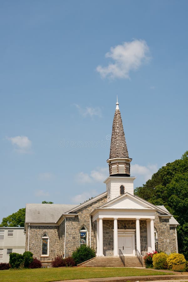 Old Stone Church on Hill with Wood Shingle Steeple