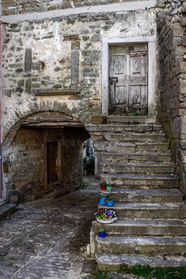 Old stone city street in Oprtalj, Istria, Croatia