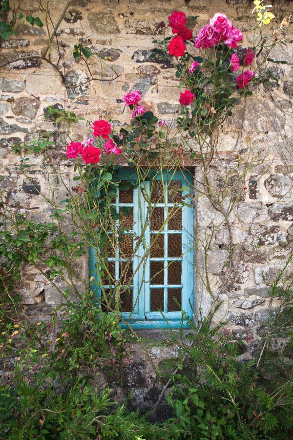 Old stone cottage with climbing roses