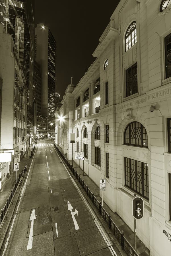Old Street of Central District of Hong Kong City at Night Stock Image