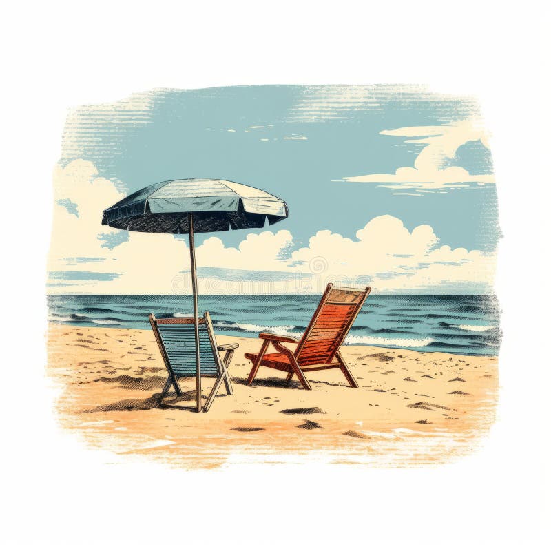 Vintage Beach Chair Illustration: Nostalgic Atmosphere And Serene Ink Paintings royalty free illustration