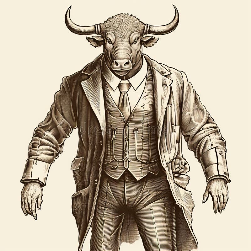 An old style drawing of a man with a tie, featuring hyper-realistic animal illustrations, stylish costume design, metal compositions, and sepia tone. the artwork showcases strong linear elements and incorporates elements of superheroes and cowboy imagery. Multilayered compositions stock images, royalty-free photos and pictures