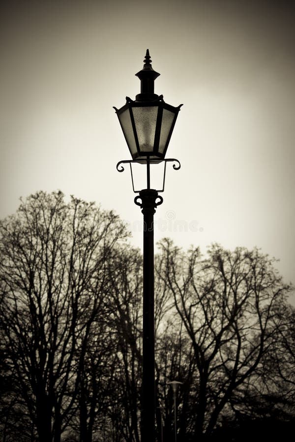 Old style lantern with trees in background