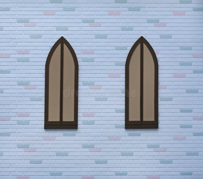 Old style of wooden window on white brick wall with some different color stock illustration