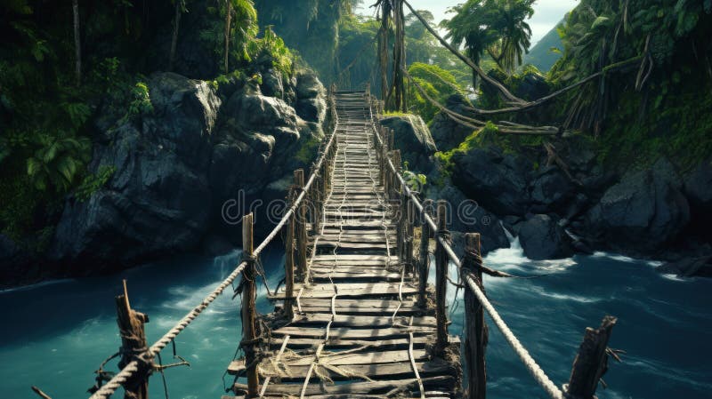 Old Suspension Wood Bridge in Tropical Forest, Vintage Dangerous Footbridge  Across River in Summer. Scenery of Green Jungle and Stock Illustration -  Illustration of green, park: 298206958