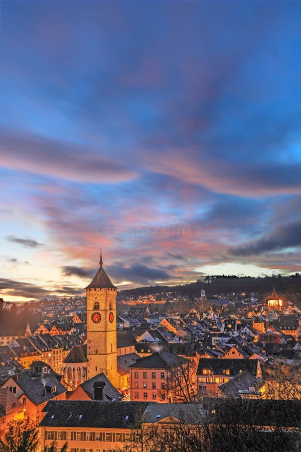 The Old Swiss Town Schaffhausen at a Dramatic Sunset and Blue Hours