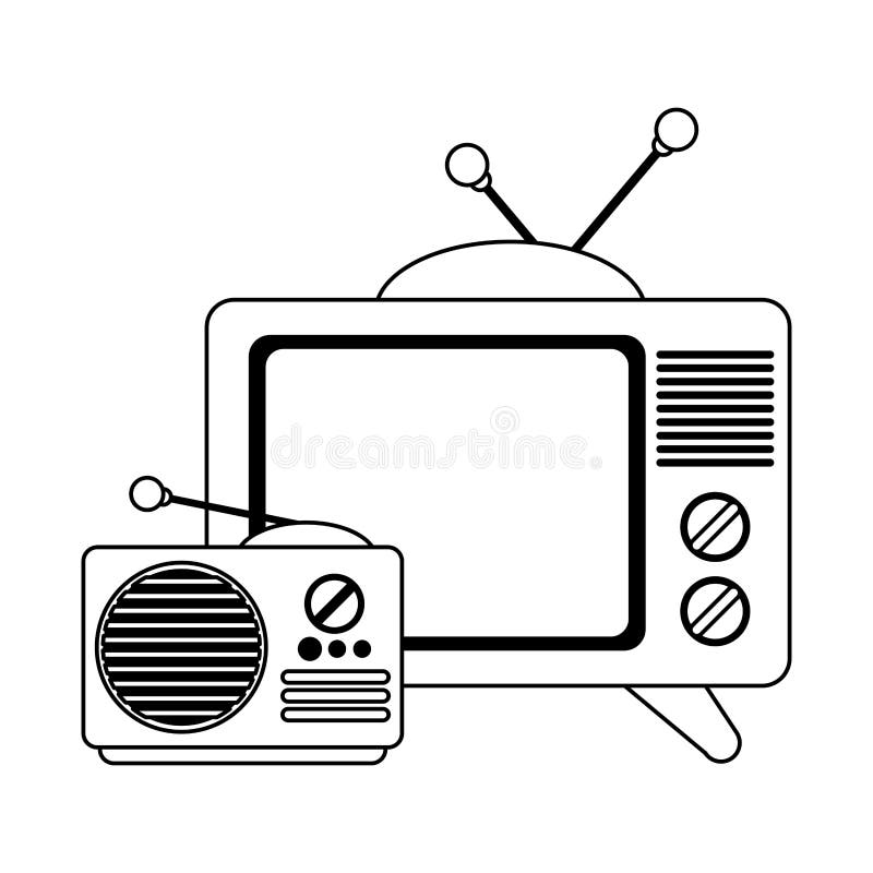 Old Television and Radio Cartoons in Black and White Stock Vector ...