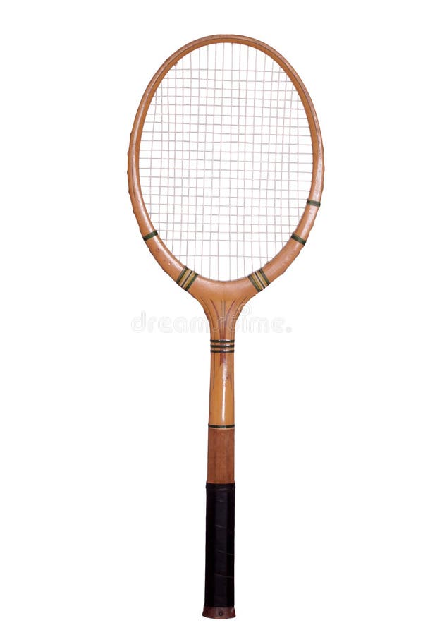 Old tennis racket on white