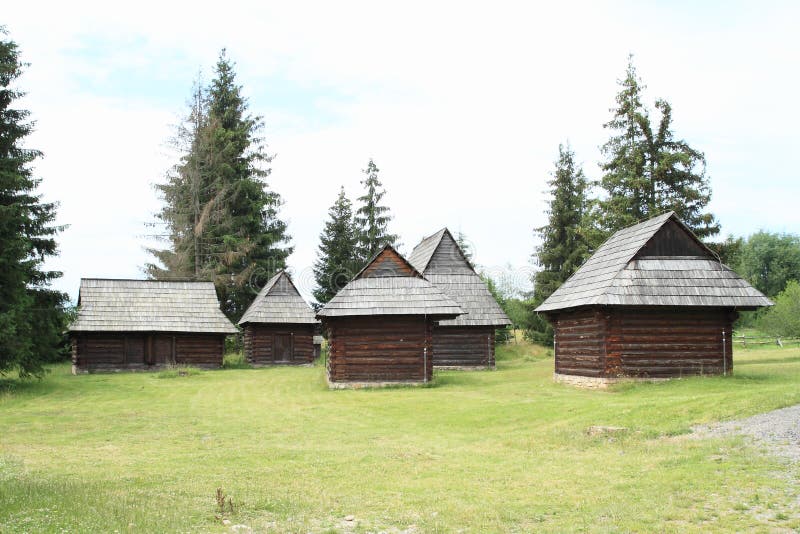 Old timbered village houses in open-air museum