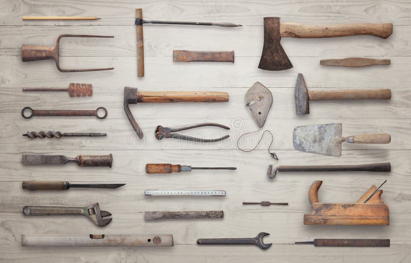 Old Tools on Wooden Table with Free Space for Text Stock Image Image