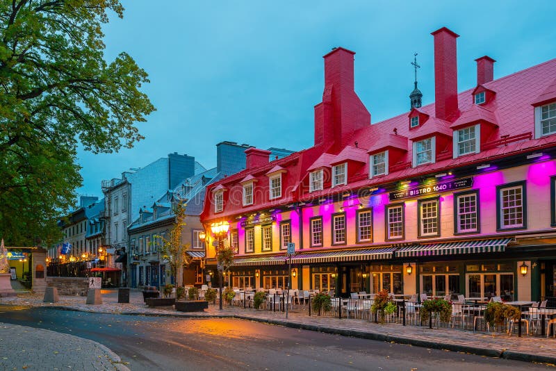 Old Town Area in Quebec City, Canada at Twilight Editorial Photo
