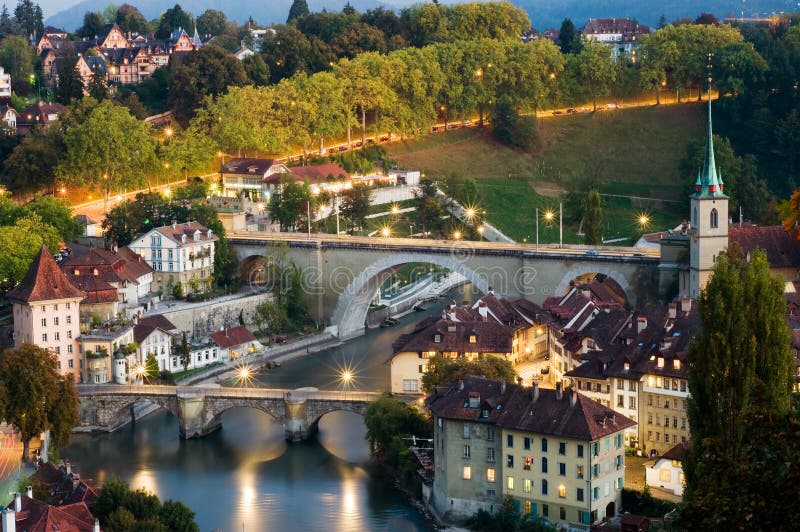 A view of the lower end of old town Bern, Switzerland in the evening. A view of the lower end of old town Bern, Switzerland in the evening.