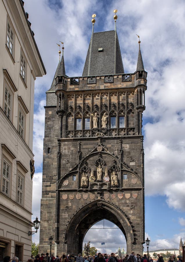 Old Town Bridge Tower is a gothic monument located on the Old Town side of the Charles Bridge in Prague, Czech Republic. It was built in the late 14th century, during the rule of the Emperor Charles IV. It was designed by the architect Petr ParlÃƒÂ©Ã…â„¢. The Charles Bridge crosses the Vltava River. Old Town Bridge Tower is a gothic monument located on the Old Town side of the Charles Bridge in Prague, Czech Republic. It was built in the late 14th century, during the rule of the Emperor Charles IV. It was designed by the architect Petr ParlÃƒÂ©Ã…â„¢. The Charles Bridge crosses the Vltava River.