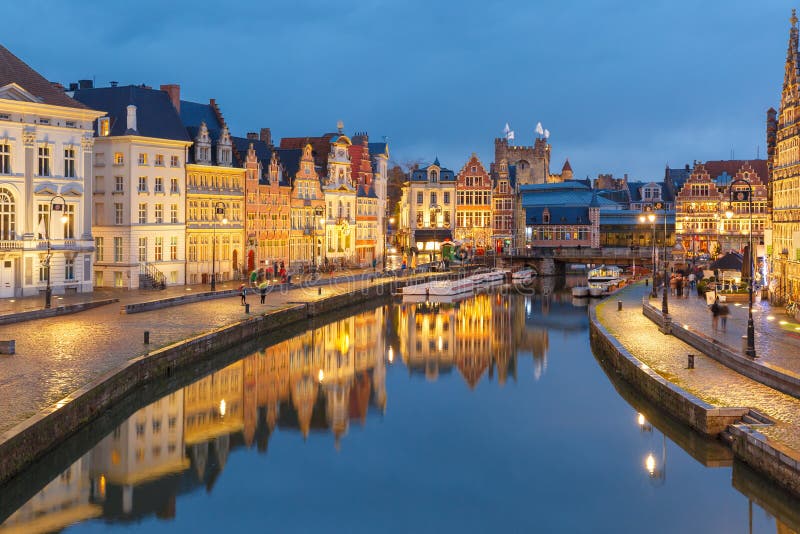 Old Town in the evening, blue hour, Ghent, Belgium