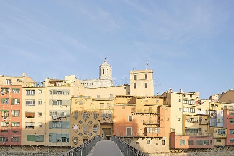 Old town of Girona in sunset light stock images