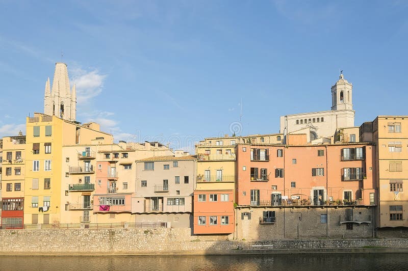 Old town of Girona in sunset light stock photo