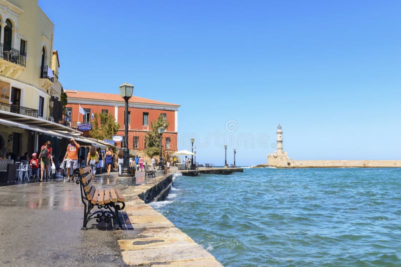 Old Town and Lighthouse in Chania Editorial Photography Image of