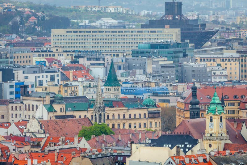 Old Town and modern soviet Bratislava buildings from above, Slovakia