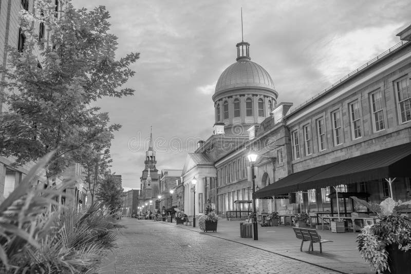 Old Town Montreal at Famous Cobbled Streets at Twilight Stock Image
