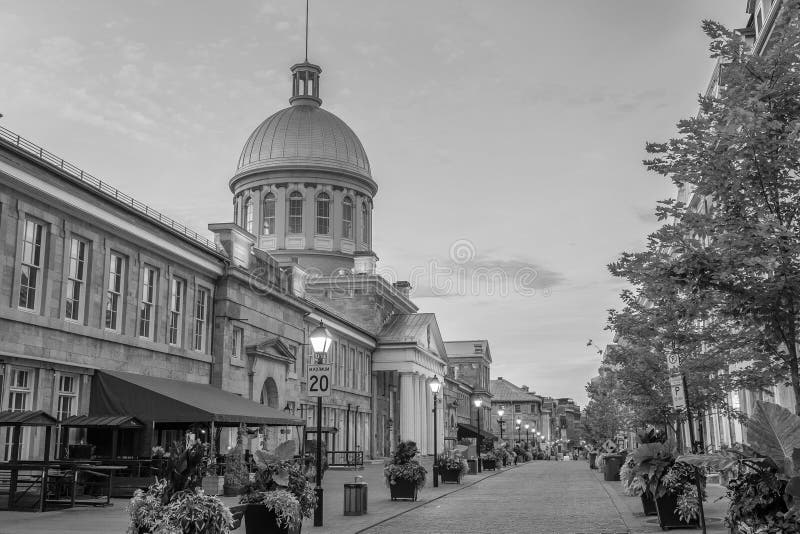 Old Town Montreal at Famous Cobbled Streets at Twilight Stock Photo