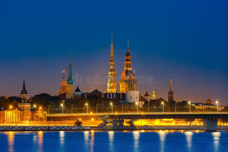 Old Town and River Daugava at night, Riga, Latvia