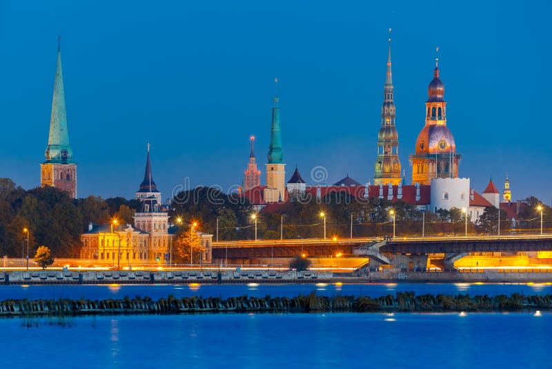 Old Town and River Daugava at night, Riga, Latvia