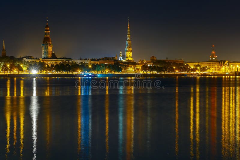 Old Town and River Daugava at night, Riga, Latvia