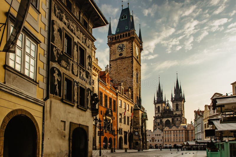 Old Town Square in Prague, Czech Republic. Empty city during sunrise without people surrounded by historical, gothic style