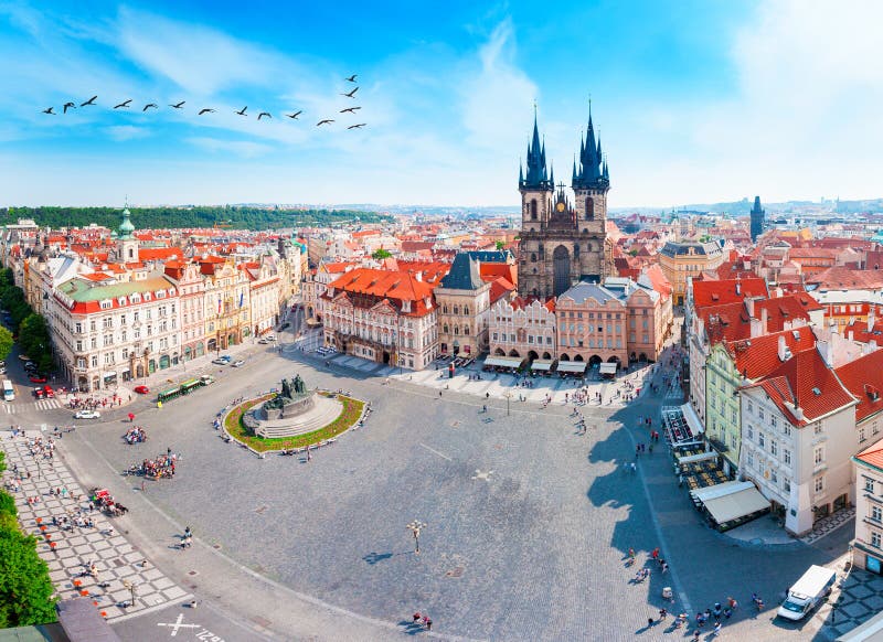 Old Town Square in Prague with Tyn church from Clock Tower.