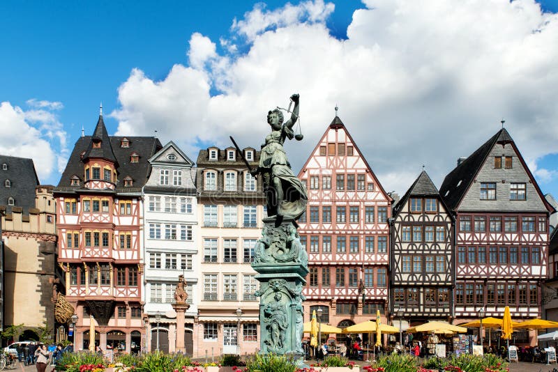 Old Town Square Romerberg with Justitia Statue in Frankfurt. Editorial Image - Image of lady, town: 73296980