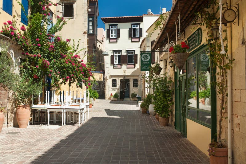 Old town street in Chania editorial stock image. Image of daylight 60640624