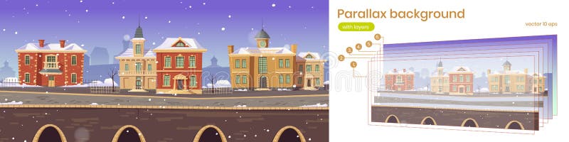 Parallax background with old town street in winter
