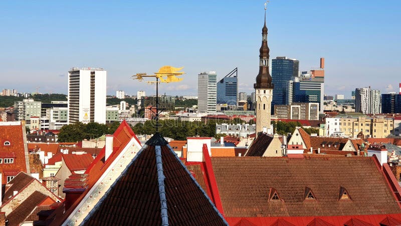 Roof Old Town Of Tallinn Estonia facade  Sun  Reflection graffiti wall ,modern  and old vintage house blue Windows  glass a