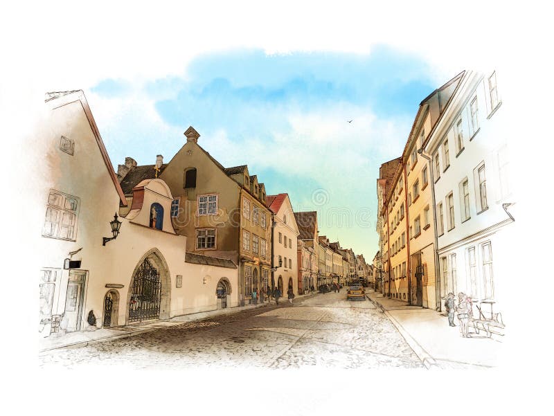 Old town, Tallinn, Estonia. Watercolor sketch. royalty free illustration Old town, Tallinn, Estonia. Watercolor sketch. royalty free illustration