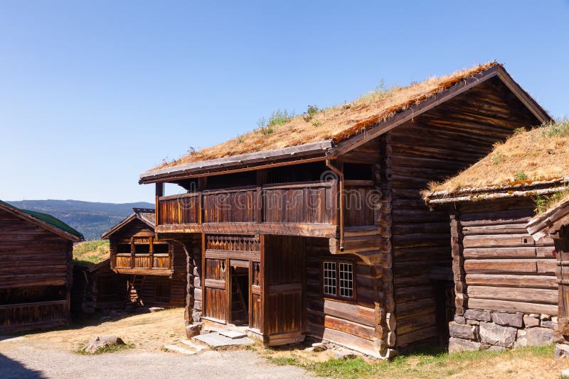 Old traditional Norwegian wooden houses at Maihaugen Folks museum Lillehammer Oppland Norway Scandinavia