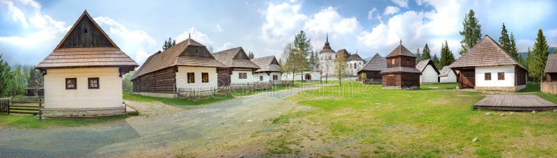 Old traditional wooden houses of village Pribylina in Liptov region SLOVAKIA - PANORAMA