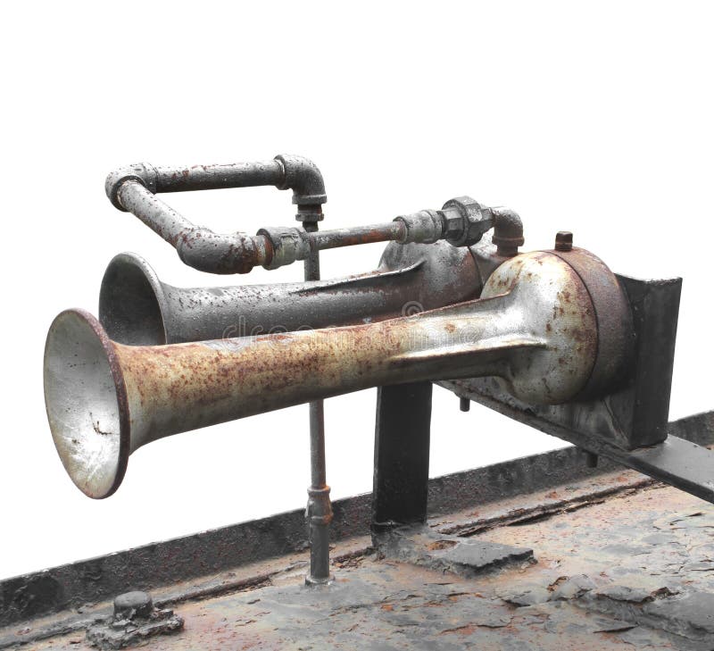 Old train engine air horns isolated